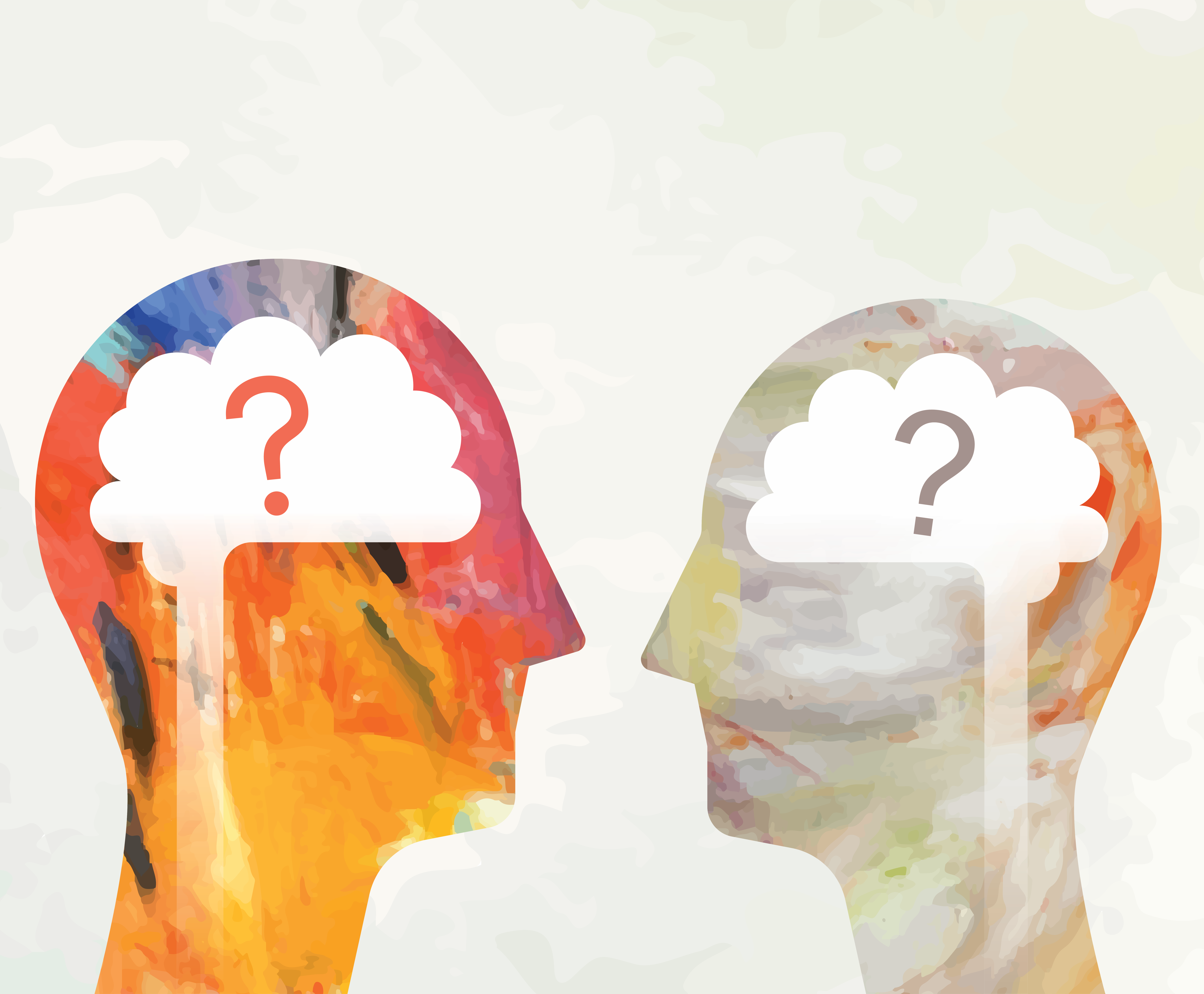 Picture of two faces with question marks